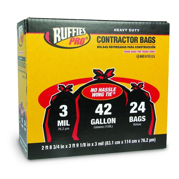 Ruffies Ruffies 42 gal Contractor Bags Wing Ties 24 pk 3 mil - 1124887