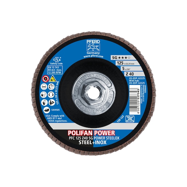 Disco de láminas POLIFAN® Pferd de 5" x 5/8-11 Thd. - Z SG POWER STEELOX, de óxido de circonio, 40 granos, cónico - 62325
