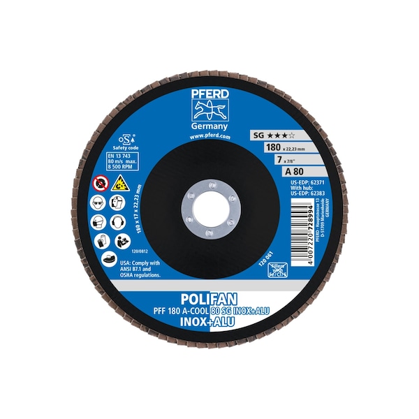 Pferd 7" x 7/8" A.H. POLIFAN® Disco de láminas - A-COOL SG INOX+ALU, Óxido de aluminio, 80 grano, Plano - 62371