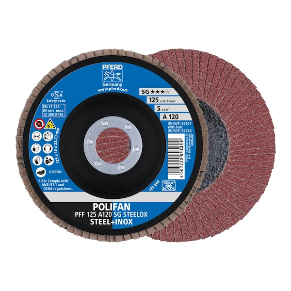 Disco de láminas Pferd 5" x 7/8" A.H. POLIFAN® - A SG STEELOX, Óxido de aluminio, 120 Granos, Plano - 62164