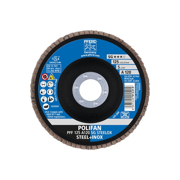Disco de láminas Pferd 5" x 7/8" A.H. POLIFAN® - A SG STEELOX, Óxido de aluminio, 120 Granos, Plano - 62164