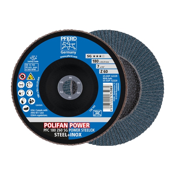 Disco de láminas POLIFAN® 7" x 7/8" A.H. - Z SG POWER STEELOX, Zirconia, 60 Grit, Cónico - 62229