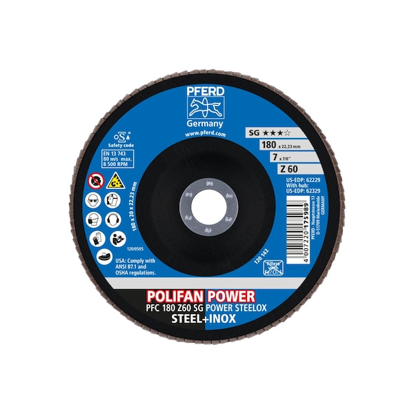Disco de láminas POLIFAN® 7" x 7/8" A.H. - Z SG POWER STEELOX, Zirconia, 60 Grit, Cónico - 62229