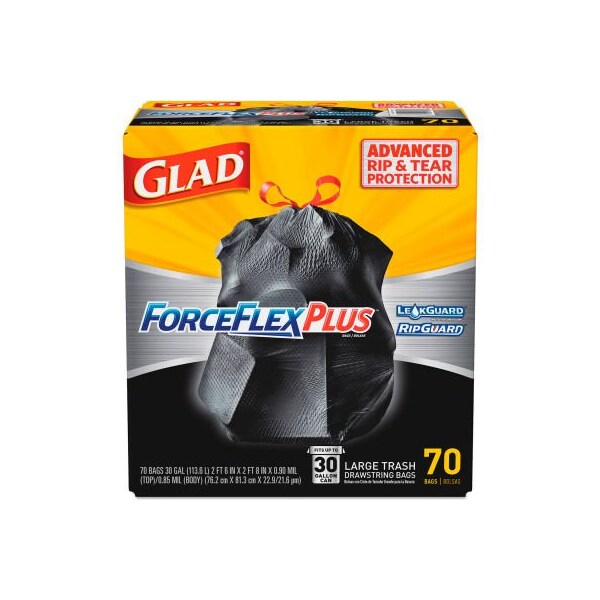 Clorox Glad¬Æ ForceFlex Plus Outdoor Drawstring Trash Bags - Black, 30 Gal, 1.05 Mil, 70/Box - - 70358