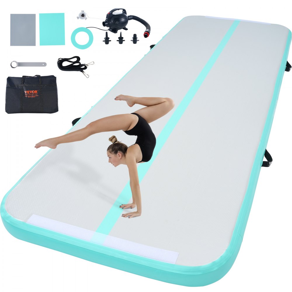 VEVOR Gymnastics Air Mat, 4 inch Thickness Inflatable Gymnastics Tumbling Mat, Tumble Track with Electric Pump, Training Mats for Home Use/Gym/Yoga/Cheerleading/Beach/Park/Water, 10 ft, Mint Green - ZFXKKFQDBHLSDLB4HV1