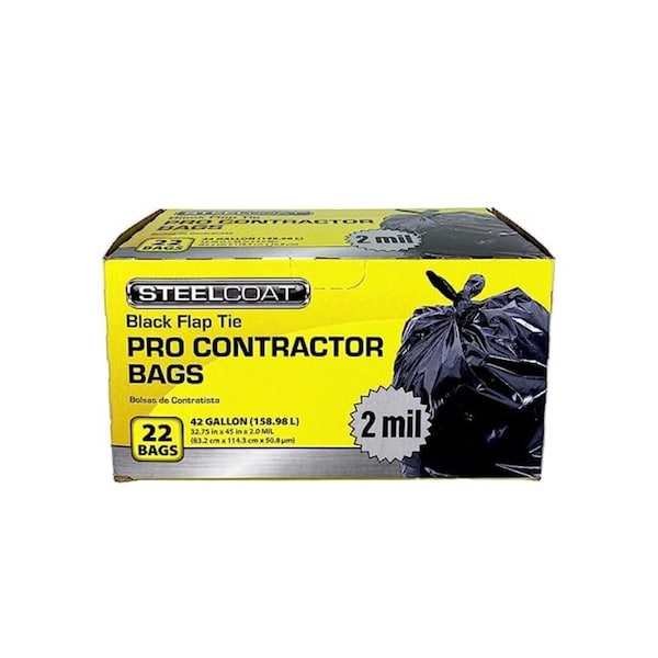 Petoskey Plastics 42 gal 2 Mil Steel Coat Black Pro Contractor Flap Tie Bags - 22 Count - FG-P9921-50