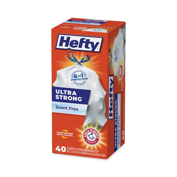 Hefty 13 gal Trash Bags, 40 in x 24.88 in, Extra Extra Heavy-Duty, .9 Mil, White, 40 PK - E88338