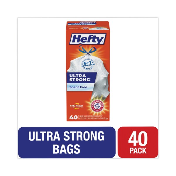 Hefty 13 gal Trash Bags, 40 in x 24.88 in, Extra Extra Heavy-Duty, .9 Mil, White, 40 PK - E88338
