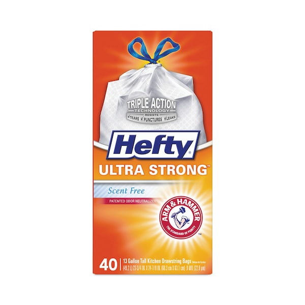Hefty 13 gal Trash Bags, 40 in x 24.88 in, Extra Extra Heavy-Duty, .9 Mil, White, 40 PK - E88338