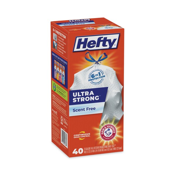 Hefty 13 gal Trash Bags, 40 in x 24.88 in, Extra Extra Heavy-Duty, .9 Mil, White, 40 PK - E88338