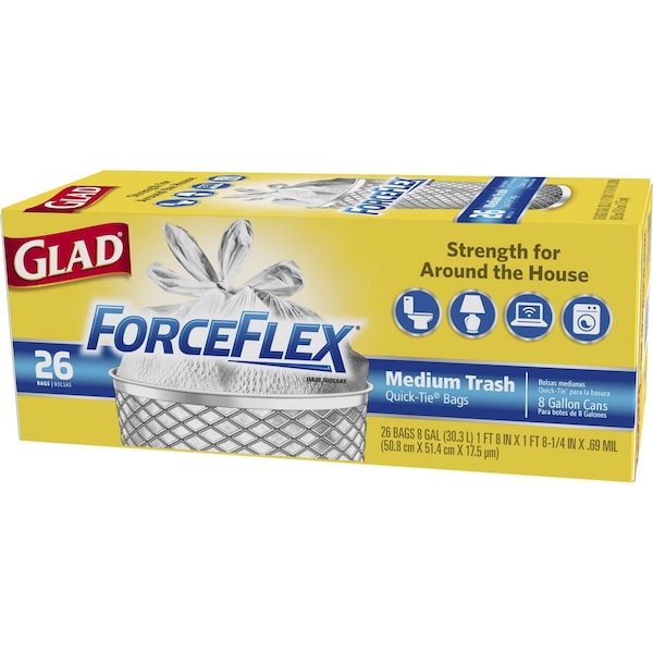 Glad 8 gal Trash Bags, 20 in x 20 in, Heavy-Duty, 0.69 mil, White, 26 PK - 70403