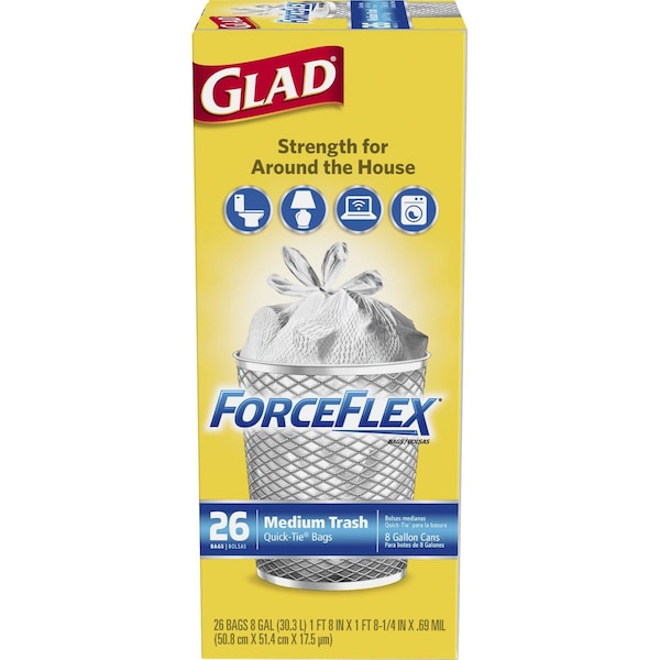 Glad 8 gal Trash Bags, 20 in x 20 in, Heavy-Duty, 0.69 mil, White, 26 PK - 70403