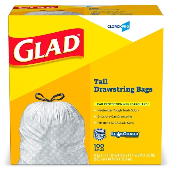 Glad 13 gal Strong Tall Kitchen Trash Bags - Box of 100 - Case of 400 - CLO78526CT