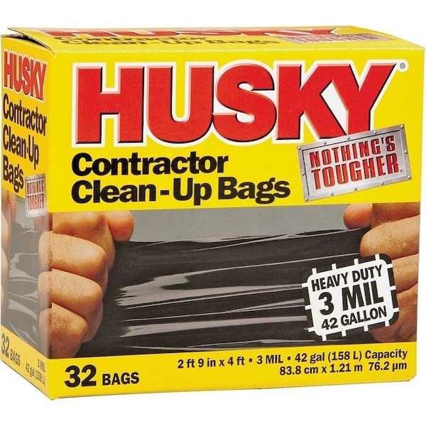 Husky Contractor Clean-Up Bag, 42 gal Capacity, Polyethylene, Black - HK42WC032B