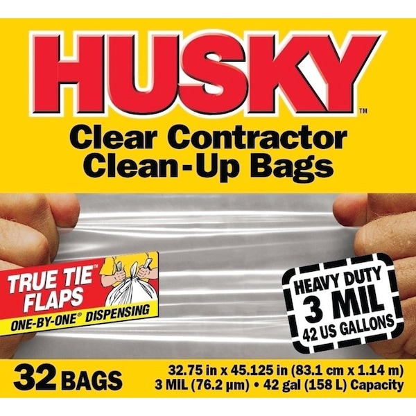 Husky Clean-Up Trash Bag, 42 gal Capacity, Polyethylene, Clear - HC42WC032C