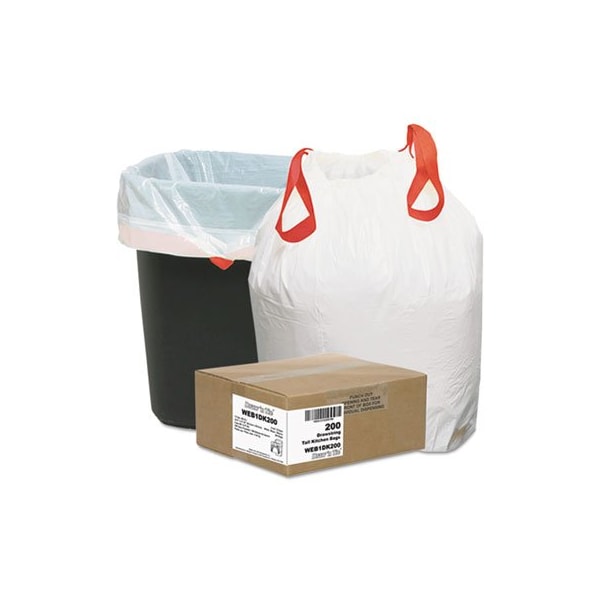 Webster Industries Draw'nTie, HEAVY-DUTY TRASH BAGS, 13 GAL, 0.9 MIL, 24.5in X 27.38in, WHITE, 200PK - 1DK200