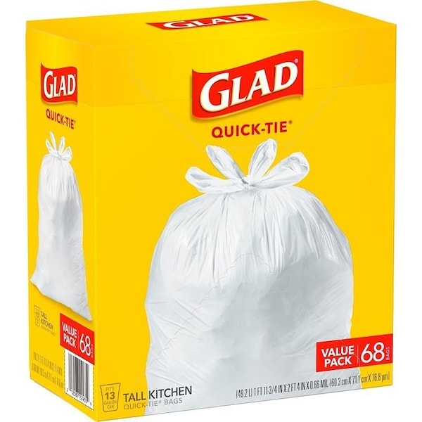 Glad 22435 Tall Kitchen Garbage Bag, 13 gal Capacity, Plastic, White - 10012587224356