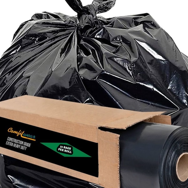 Comfitwear Industrial Strength 45 Gal Extra Heavy Duty Contractor Black Garbage Bags 50pc Roll - CB-345IS