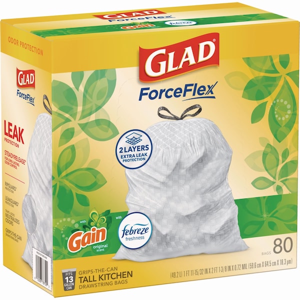 Glad 13 gal Trash Bags, 24 in x 27.38 in, Extra Heavy-Duty, .95 Mil, White, 240 PK - 78900