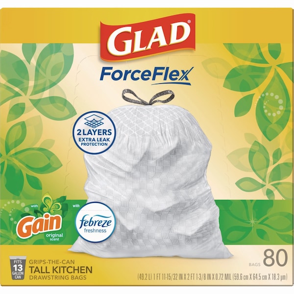 Glad 13 gal Trash Bags, 24 in x 27.38 in, Extra Heavy-Duty, .95 Mil, White, 240 PK - 78900