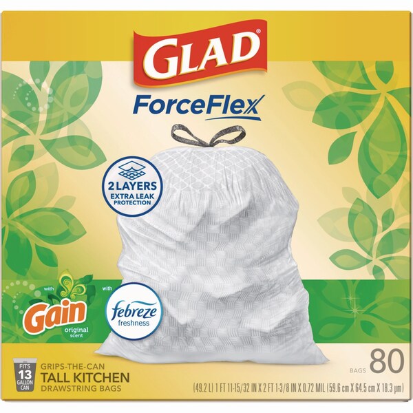 Glad 13 gal Trash Bags, 24 in x 27.38 in, Extra Heavy-Duty, .95 Mil, White, 240 PK - 78900