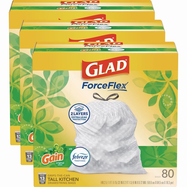 Glad 13 gal Trash Bags, 24 in x 27.38 in, Extra Heavy-Duty, .95 Mil, White, 240 PK - 78900