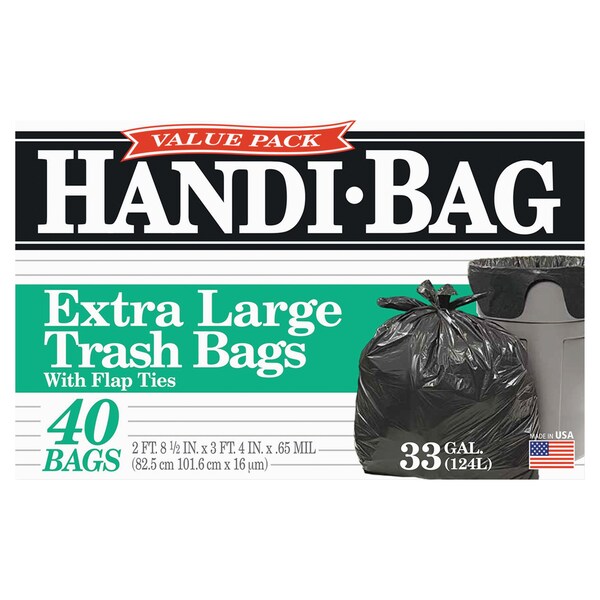 Handi-Bag 33 gal Trash Bags, 32.5 in x 40 in, Medium-Duty, .65 Mil, Black, 40 PK - HAB 6FTL40