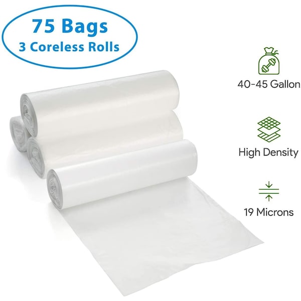 Proheal 40-45 Gallon Clear Trash Bags, 75 Count - Large - High Density, 19 Microns 3 Coreless Rolls, 75PK - 016-LN160-75PK