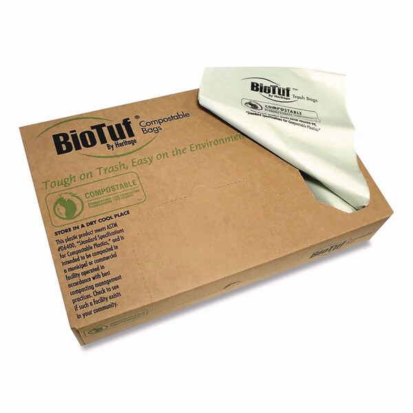 Heritage Biotuf Compostable Can Liners, 33 gal, 0.9 mil, 33in x 39in, Light Green, 200PK - CW62402/Y6639TE