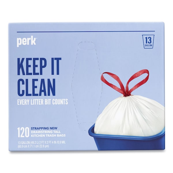 Perk Drawstring Tall Kitchen Trash Bags, 13 gal, 28in x 24in, White, 120PK - PK56750