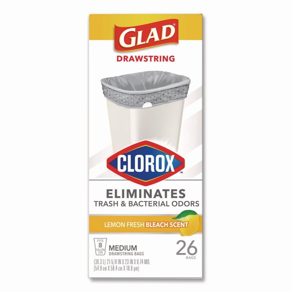 Glad Medium Drawstring Trash Bags w/Clorox, 8gal, Lemon Bleach Scent, 0.74 mil, 23inx21.63in, Gray, 26PK - 79316