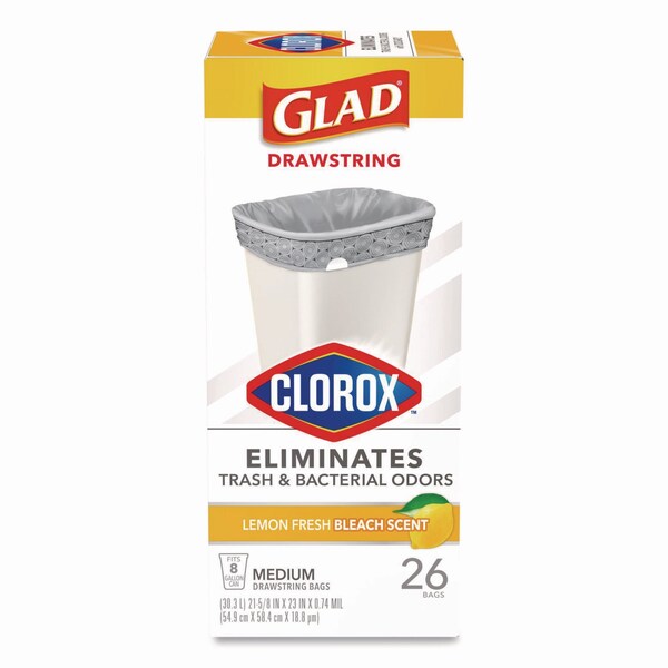 Glad Medium Drawstring Trash Bags w/Clorox, 8gal, Lemon Bleach Scent, 0.74 mil, 23inx21.63in, Gray, 26PK - 79316