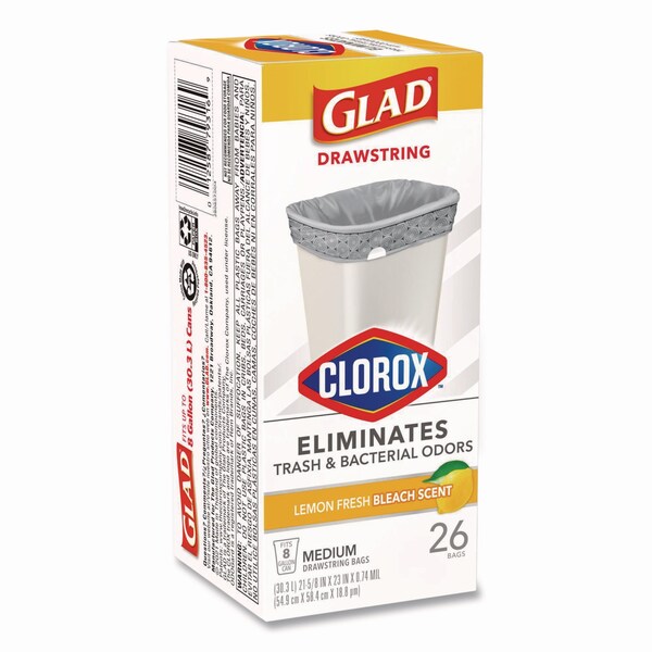Glad Medium Drawstring Trash Bags w/Clorox, 8gal, Lemon Bleach Scent, 0.74 mil, 23inx21.63in, Gray, 26PK - 79316