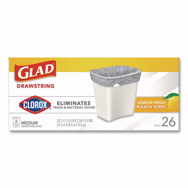 Glad Medium Drawstring Trash Bags w/Clorox, 8gal, Lemon Bleach Scent, 0.74 mil, 23inx21.63in, Gray, 26PK - 79316