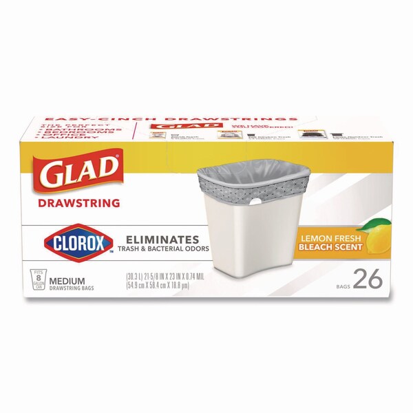 Glad Medium Drawstring Trash Bags w/Clorox, 8gal, Lemon Bleach Scent, 0.74 mil, 23inx21.63in, Gray, 26PK - 79316