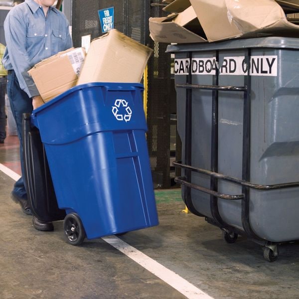 Rubbermaid Commercial 50 gal Rectangular Recycling Bin, Flat Top, Silver Vein/Silver Vein, Plastic, 1 Openings - FG9W2773BLUE