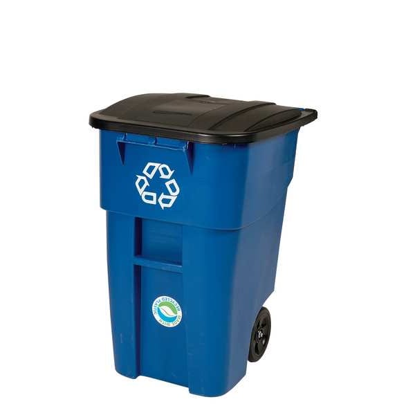 Rubbermaid Commercial 50 gal Rectangular Recycling Bin, Flat Top, Silver Vein/Silver Vein, Plastic, 1 Openings - FG9W2773BLUE