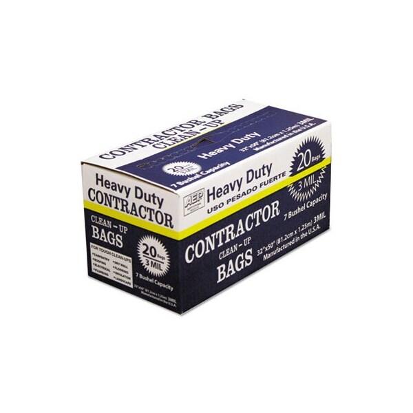 Webster Industries AEP Ind, HEAVY-DUTY CONTRACTOR CLEAN-UP BAGS, 60 GAL, 3 MIL, 32in X 50in, BLACK, 20PK - 186470