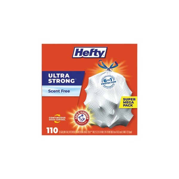 Hefty ULTRA STRONG TALL KITCHEN AND TRASH BAGS, 13 GAL, 0.9 MIL, 23.75in X 24.88in, WHITE, PK330 - E88368CT