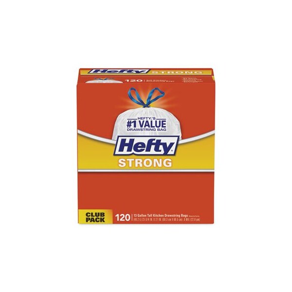 Reynolds Hefty, STRONG TALL KITCHEN DRAWSTRING BAGS, 13 GAL, 0.9 MIL, 34in X 48in, WHITE, 90PK - E84574CT