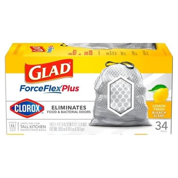 Glad Glad 274824 13 gal Lemon Fresh Bleach Scent Odor Shield Trashbag - 34 Count - 274824