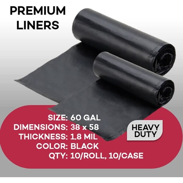 Dealmed 60 gal Trash Bags, 38 in x 58 in, 1.8 Mil, Black - 781157