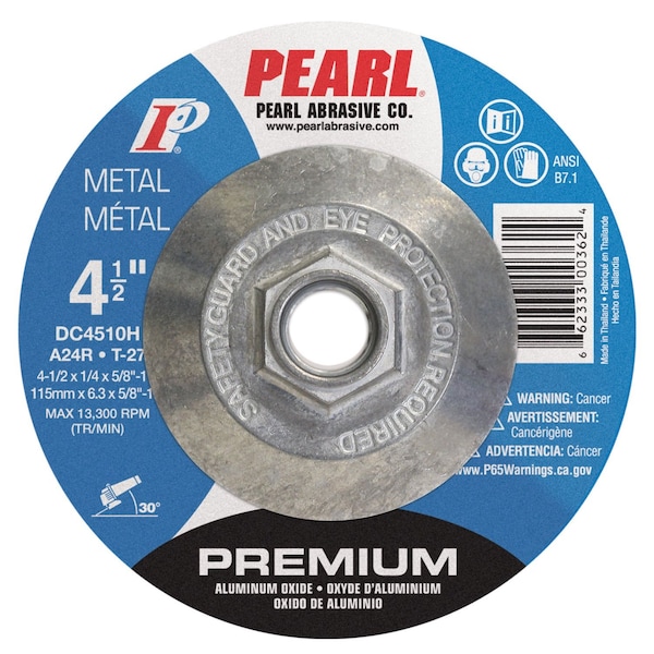 Rueda de desbaste Pearl Premium AO DC 4-1/2 x 1/4 x 5/8-11 A24R T-27 - DC4510H