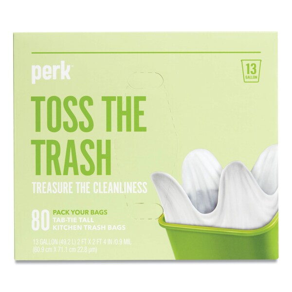 Perk 13 gal Trash Bags, 28 in x 24 in, Regular-Duty, .9 Mil, White, 80 PK - PK56749