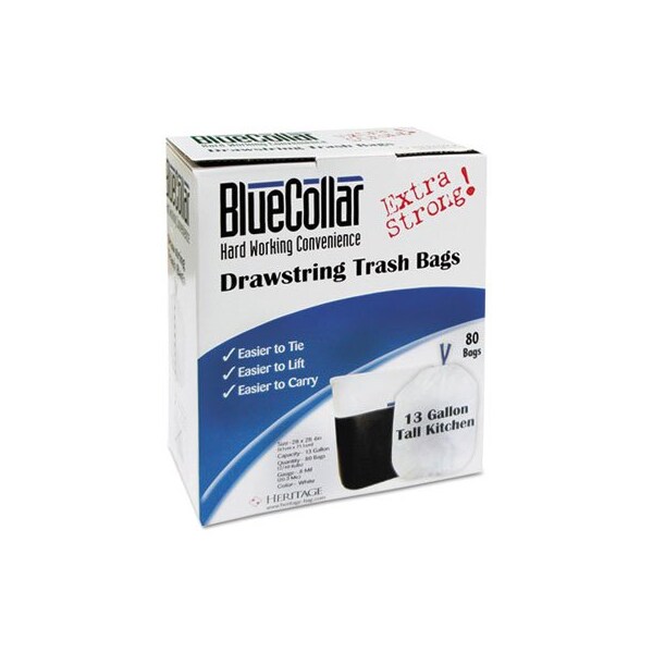 Heritage BlueCollar, DRAWSTRING TRASH BAGS, 13 GAL, 0.8 MIL, 24in X 28in, WHITE, 480PK - N4828EWRC1CT