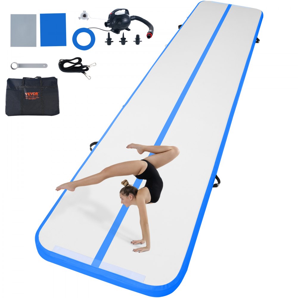 VEVOR Gymnastics Air Mat, 4 inch Thickness Inflatable Gymnastics Tumbling Mat, Tumble Track with Electric Pump, Training Mats for Home Use/Gym/Yoga/Cheerleading/Beach/Park/Water, 16 ft, Blue - ZFXKKFQD16FTKBFEOV1