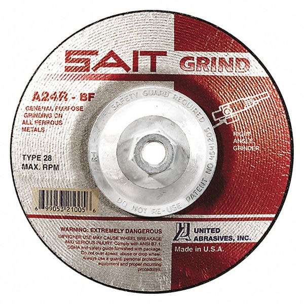 United Abrasives/Sait Rueda de rectificado de centro deprimido, 28, 4-1/2" de diámetro, 1/4" de grosor, tamaño de agujero de árbol de 5/8"-11 - 21026