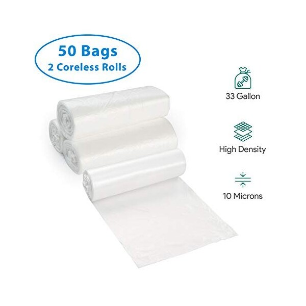 Proheal 33 Gal Clear Trash Bags- 30-40 Gal Large -  10 Microns 2 Coreless Rolls, 50PK - 016-LN135-50PK