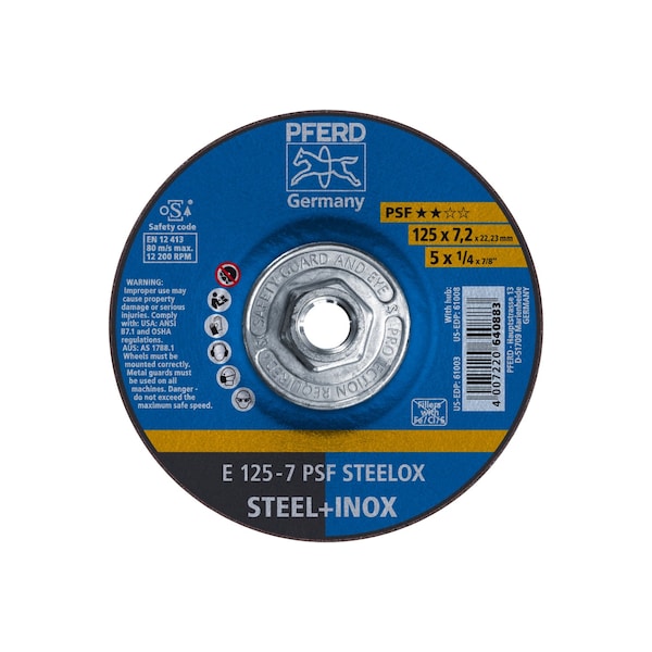 Rueda de rectificación Pferd de 5" x 1/4, 5/8-11 THD - PSF STEELOX - Tipo 27 - 61008
