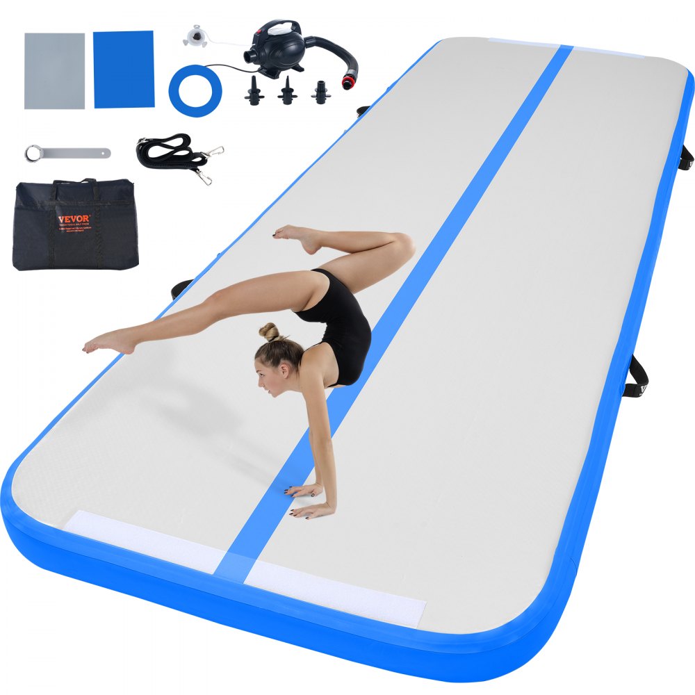 VEVOR Gymnastics Air Mat, 4 inch Thickness Inflatable Gymnastics Tumbling Mat, Tumble Track with Electric Pump, Training Mats for Home Use/Gym/Yoga/Cheerleading/Beach/Park/Water, 10 ft, Blue - ZFXKKFQD10FTTCUSCV1